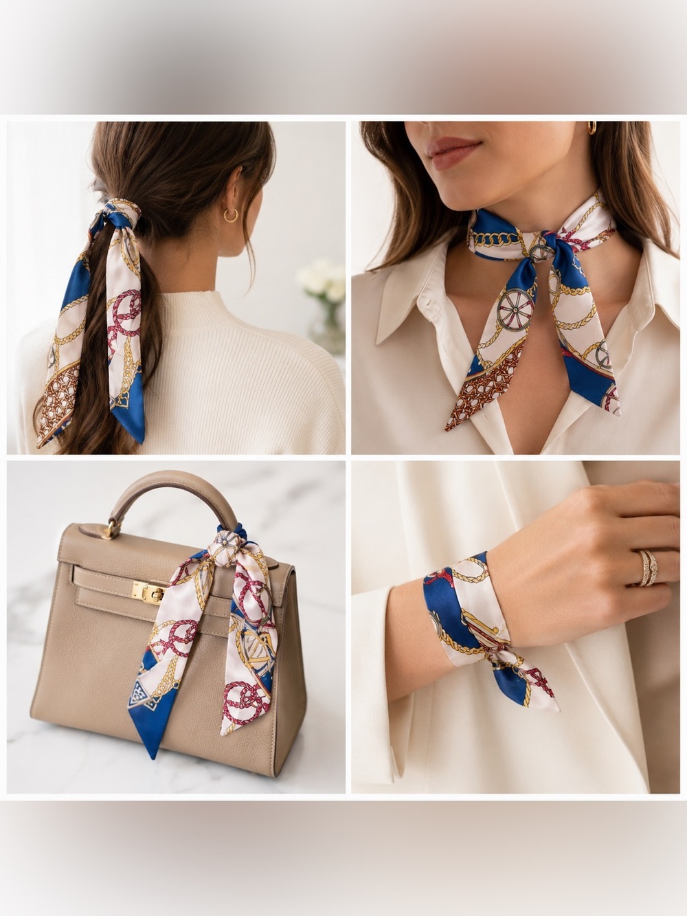 Luxury Nautical Chain Print Skinny Silk Scarf Hair Neck Bag Accessory
